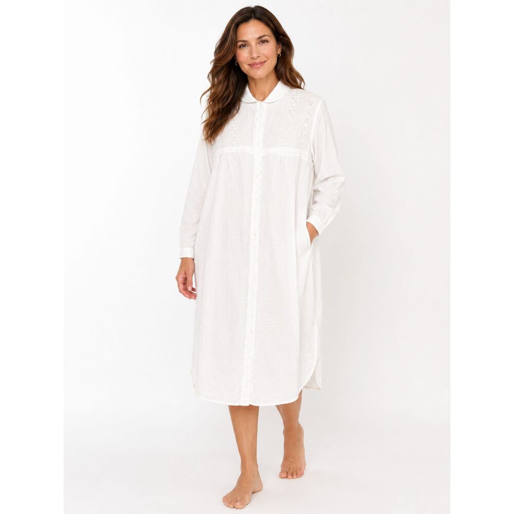 Vintage Italian Made Cotton White Eyelet Nightgown Embroidered Button Front